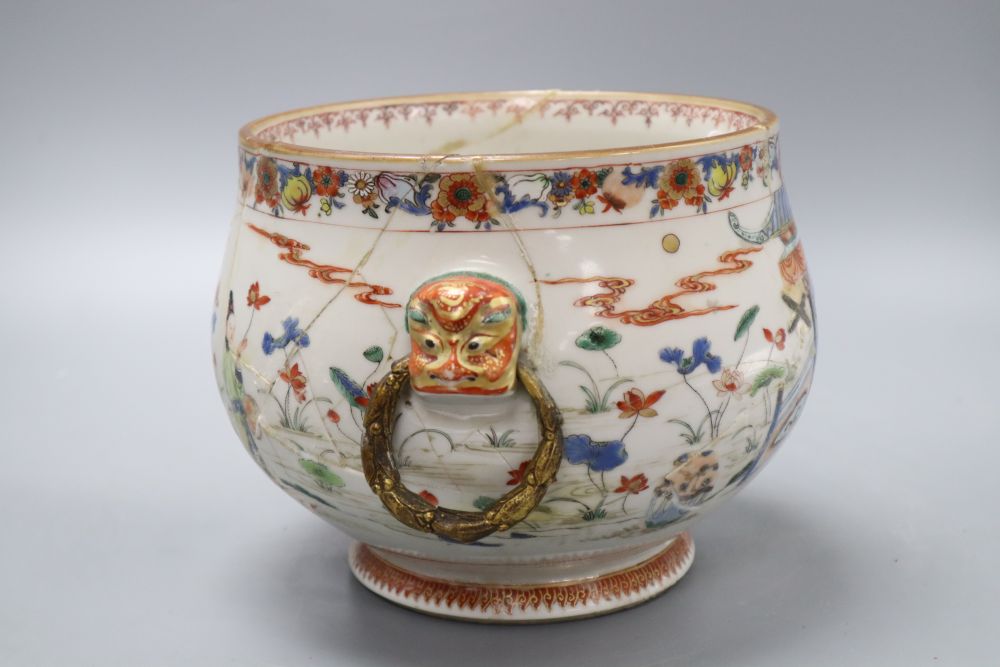 A Chinese enamelled porcelain bowl, Yongzheng period, French ormolu handles, height 17cm (a.f.)